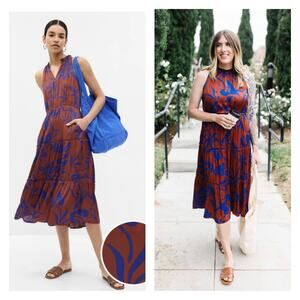 Gap sleeveless midi length tiered dress rust brown blue print